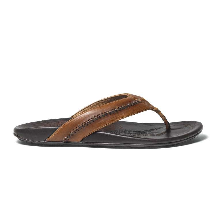 OLUKAI Mea Ola Men's Beach Sandals Tan Dark/Java Premium Leather Flip-Flop - AllSportsWearUSA