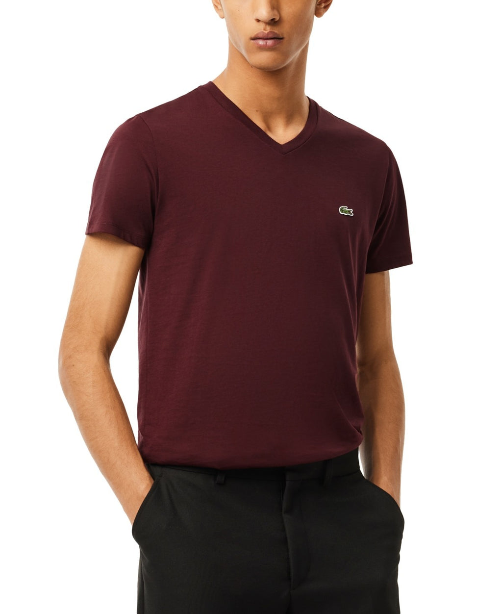 Lacoste Men’s Classic V-Neck Soft Pima Cotton Tee Shirt TH6710-BZD Bordeaux dark