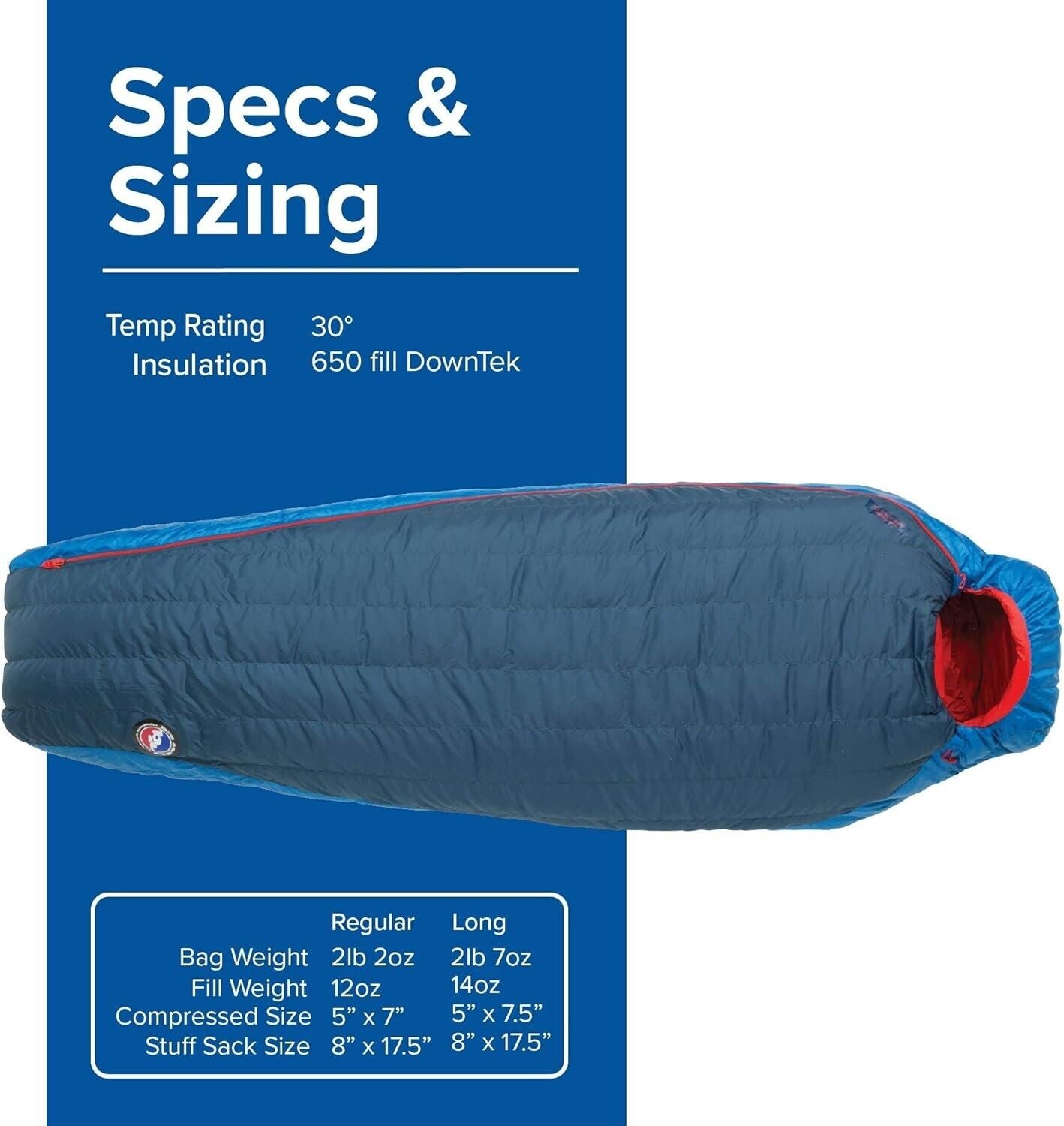 Big Agnes Anvil Horn 30 650 Downtek Sleeping Bag Color: Blue/Red BAH30RL19 NEW - AllSportsWearUSA
