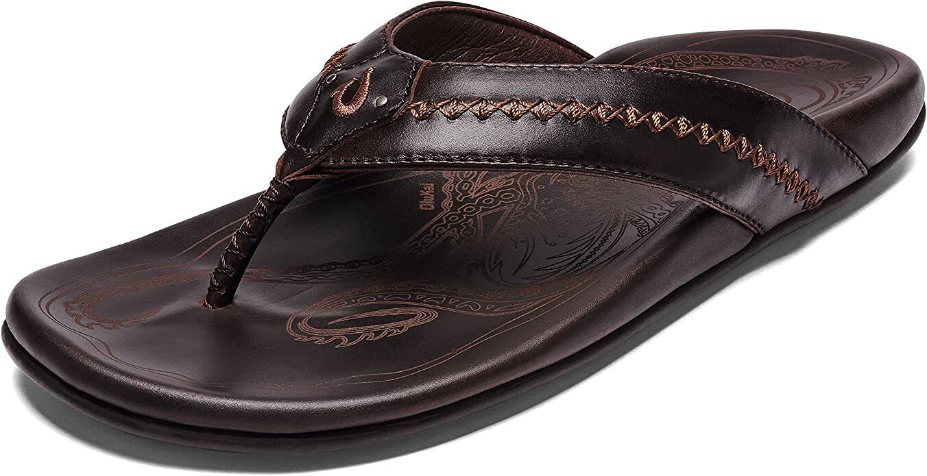 OluKai Men's Mea Ola Leather Sandals Dark Java/Dark Java - AllSportsWearUSA