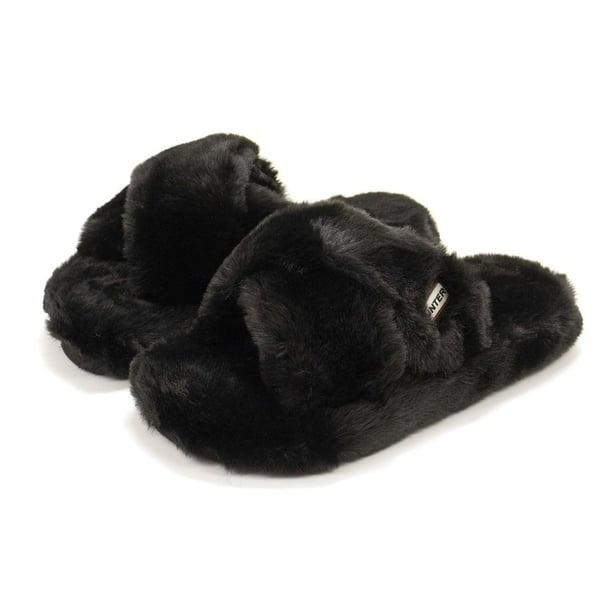 Hunter Faux Fur Flatform Crossover Black Womens Slides Slippers WFD4034FFF-BLK