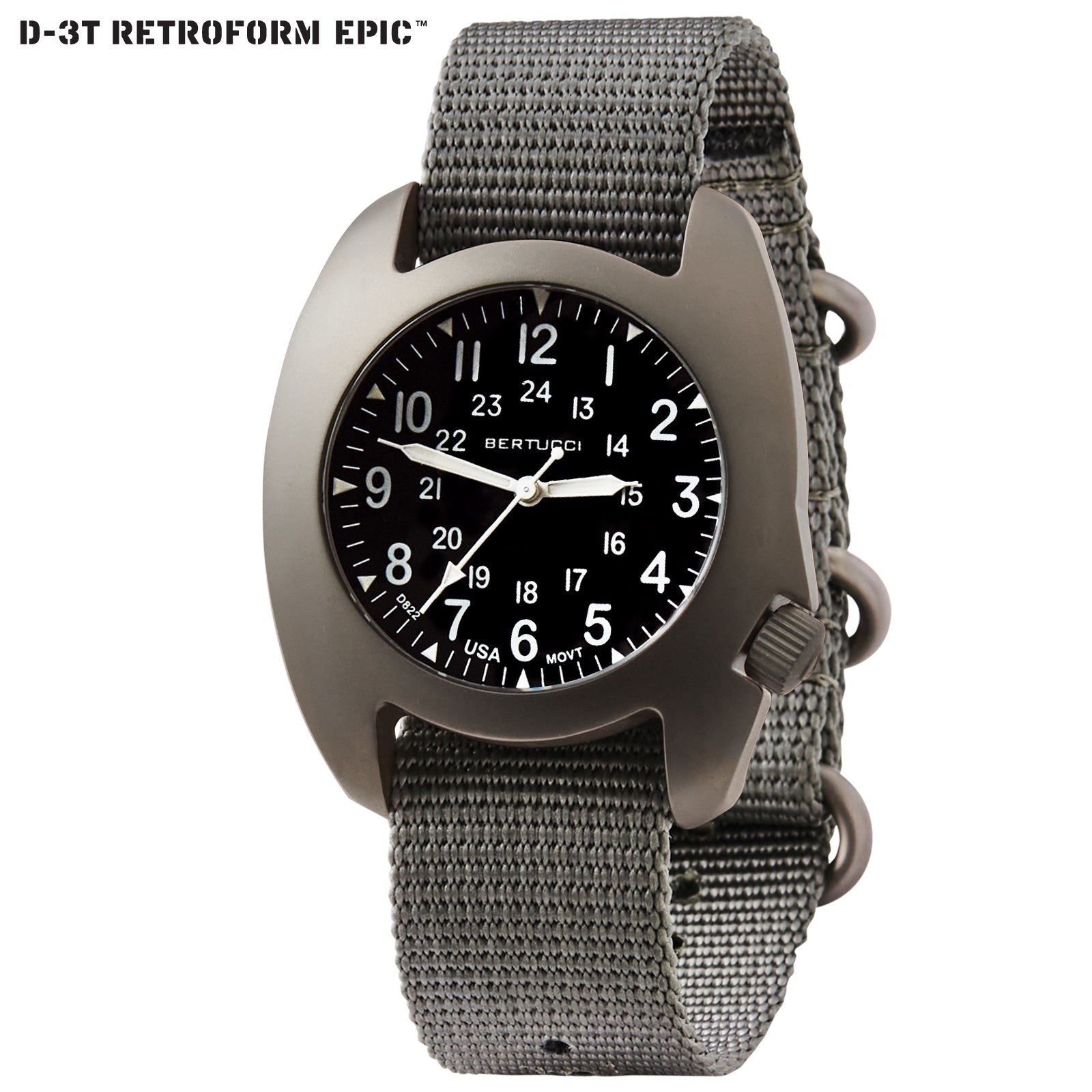 BERTUCCI #17016 D-3T RETROFORM EPIC - Black Dial w/ Vintage Drab Nylon Band
