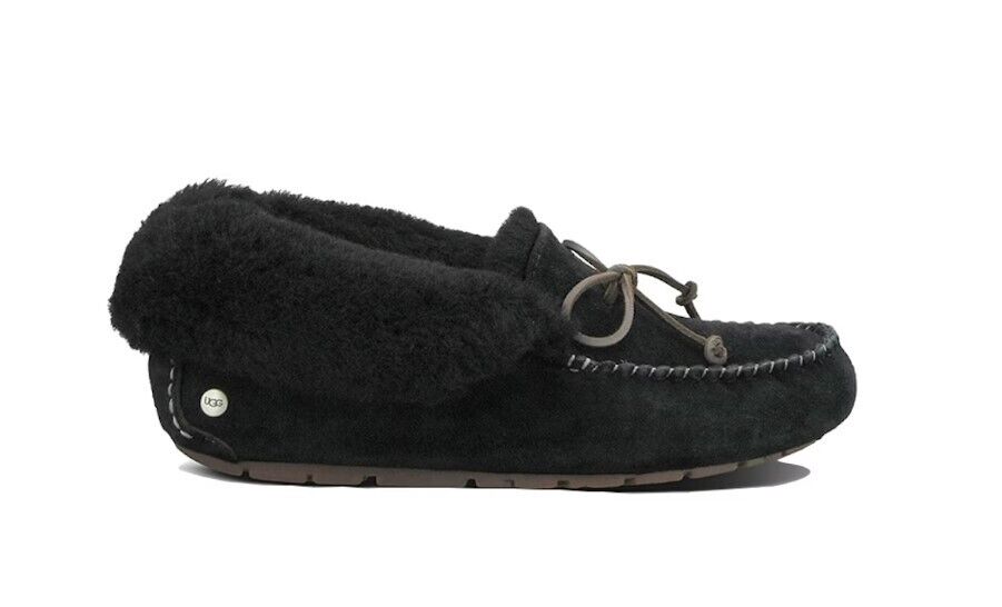 UGG ALENA SLIPPER BLACK SUEDE SHEEPSKIN CUFF MOCCASINS WOMENS 1004806-BLK NEW - AllSportsWearUSA