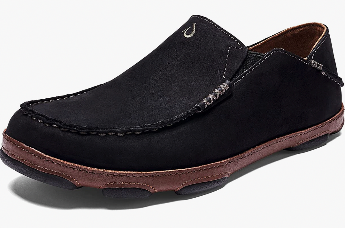 OLUKAI Moloa Men's Leather Slip On Shoes Black/Toffee Brand New - AllSportsWearUSA