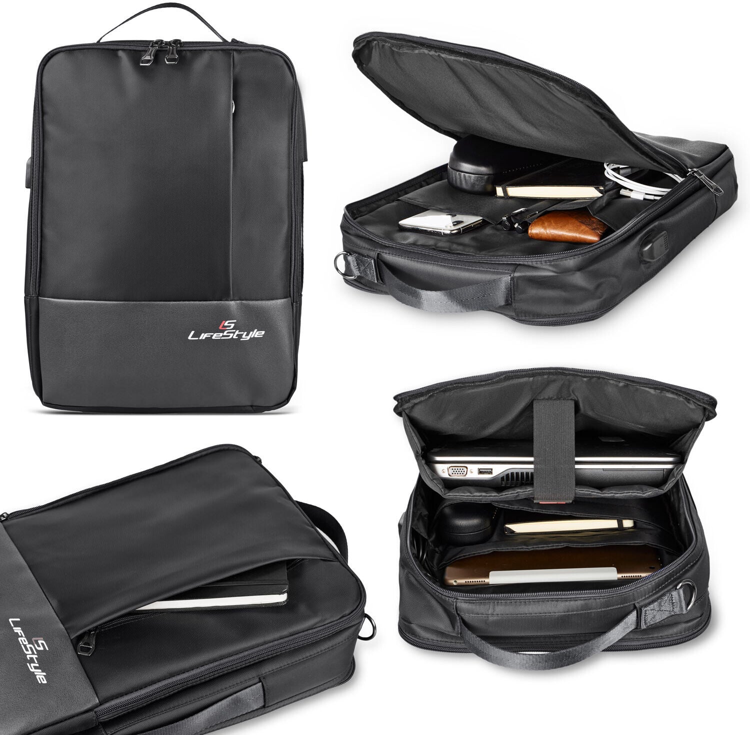 LS LifeStyle Leather 3 in 1 Backpack USB Professional Briefcase Waterproof Bag - AllSportsWearUSA