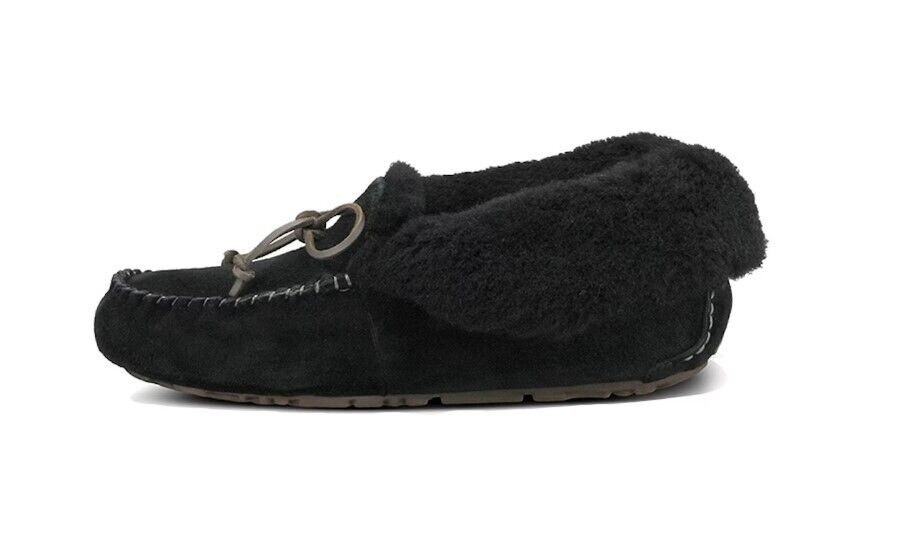 UGG ALENA SLIPPER BLACK SUEDE SHEEPSKIN CUFF MOCCASINS WOMENS 1004806-BLK NEW - AllSportsWearUSA