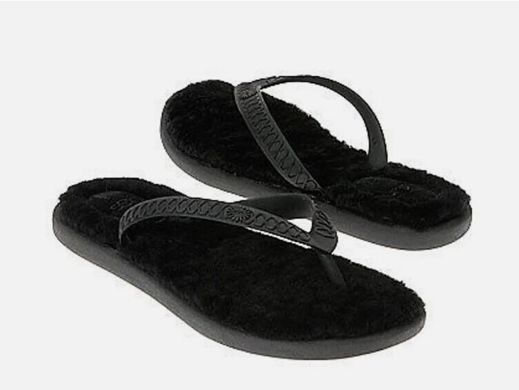 UGG Fluffie Flip Flops Womens Thong Sandals Black Sheepskin 1684-BLK Brand New - AllSportsWearUSA