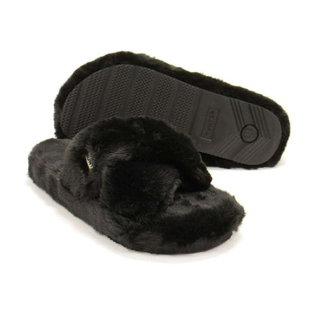 Hunter Faux Fur Flatform Crossover Black Womens Slides Slippers WFD4034FFF-BLK