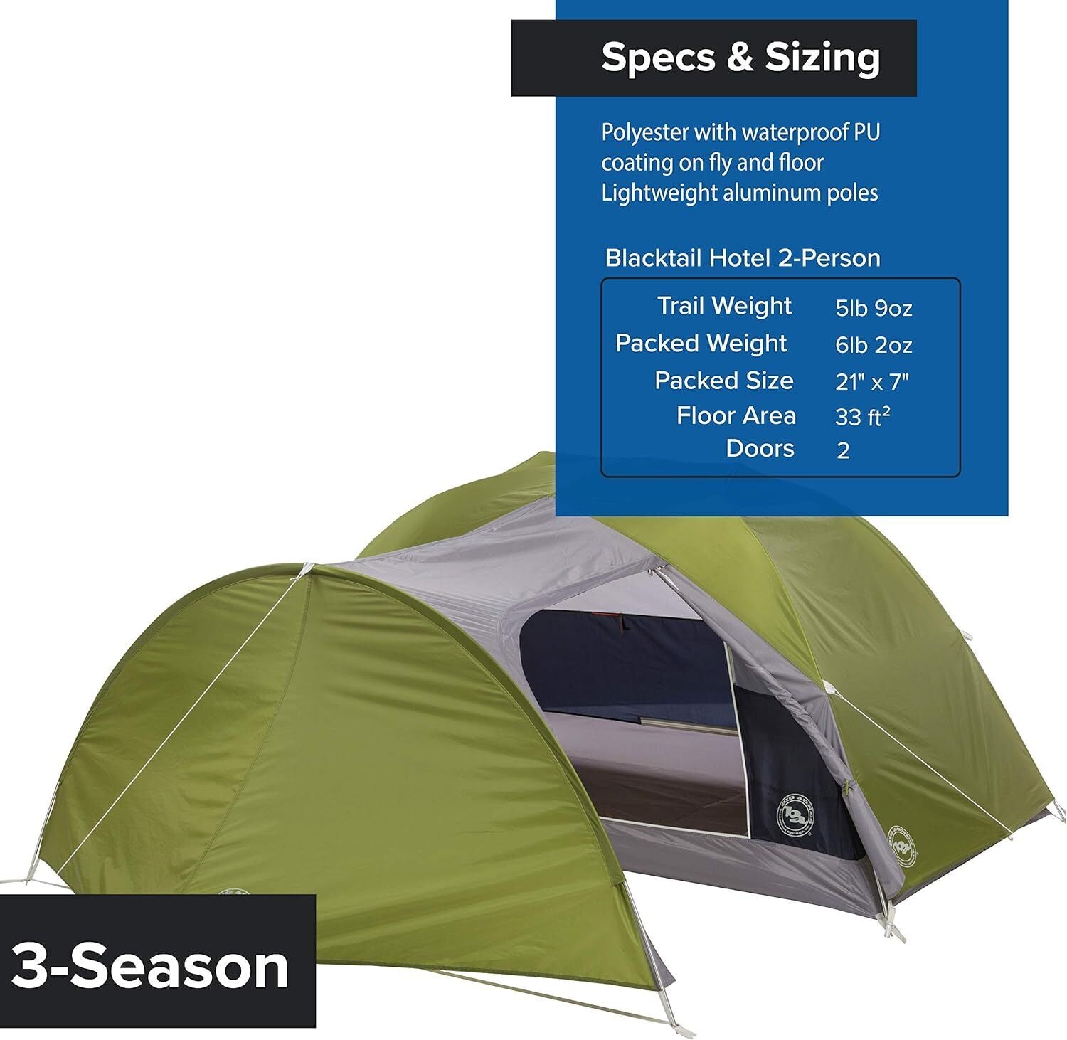 Big Agnes Blacktail Hotel 2 Person Green/Gray Camping Backpacking Tent Brand New - AllSportsWearUSA