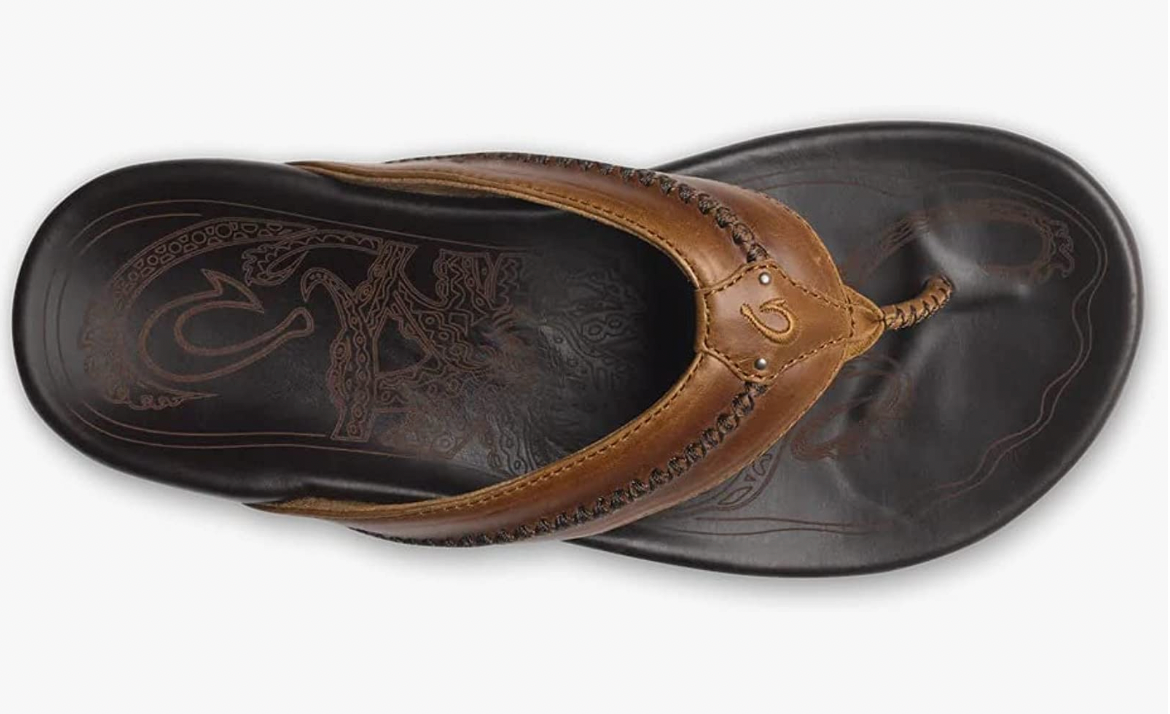 OLUKAI Mea Ola Men's Beach Sandals Tan Dark/Java Premium Leather Flip-Flop - AllSportsWearUSA