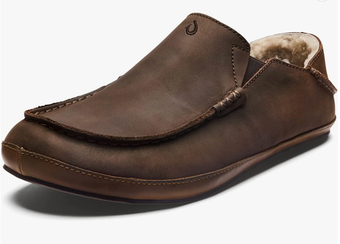 OLUKAI Moloa Slipper Men's Slippers Dark Wood Premium Nubuck Leather Slip On - AllSportsWearUSA