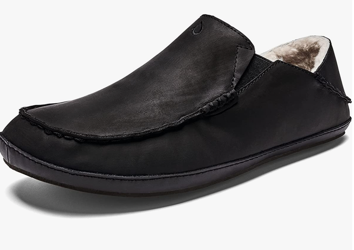 OLUKAI Moloa Slipper Men's Slippers Onyx Premium Nubuck Leather Slip On - AllSportsWearUSA