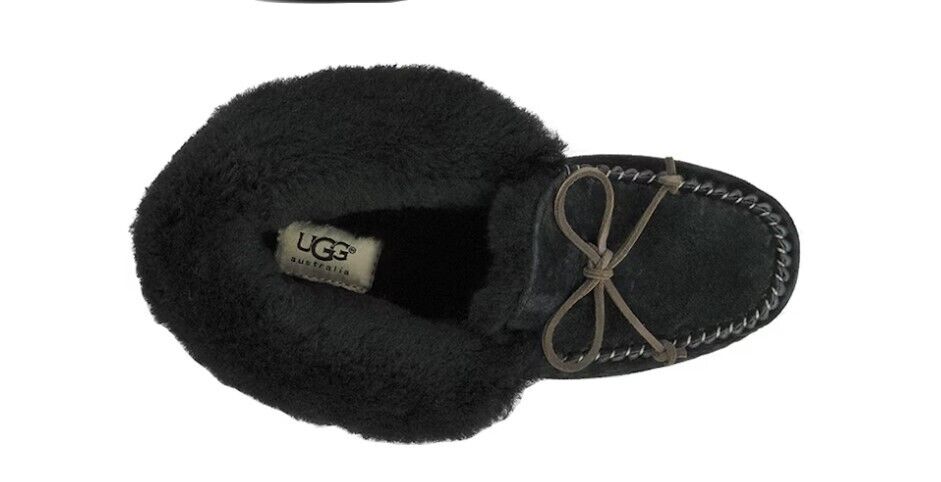 UGG ALENA SLIPPER BLACK SUEDE SHEEPSKIN CUFF MOCCASINS WOMENS 1004806-BLK NEW - AllSportsWearUSA