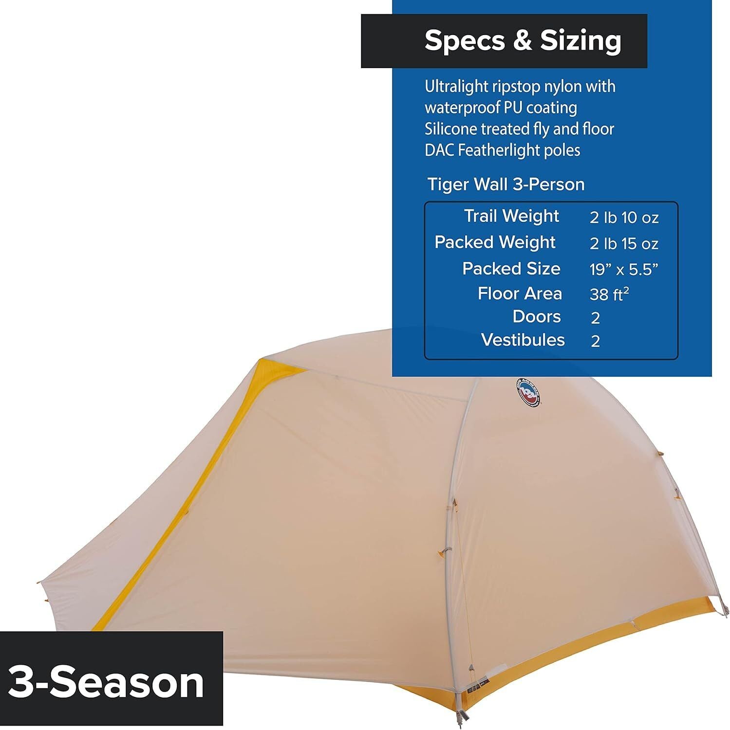 Big Agnes Tiger Wall 3P Yellow UL w/ UV Resistant Solution Dyed Fabric Tent New - AllSportsWearUSA