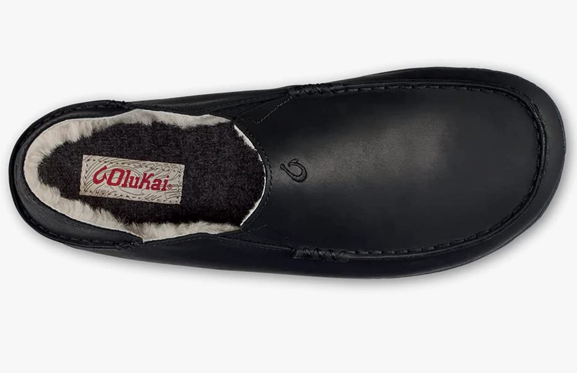 OLUKAI Moloa Slipper Men's Slippers Onyx Premium Nubuck Leather Slip On - AllSportsWearUSA