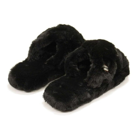 Hunter Faux Fur Flatform Crossover Black Womens Slides Slippers WFD4034FFF-BLK