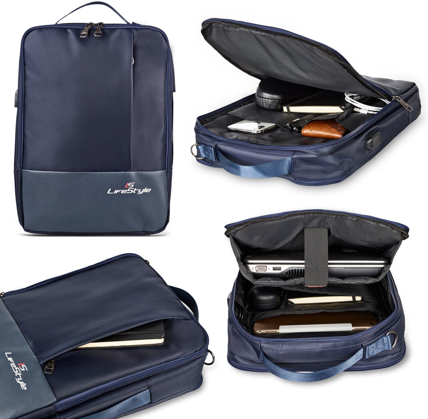 LS LifeStyle Leather 3 in 1 Backpack USB Professional Briefcase Waterproof Bag - AllSportsWearUSA