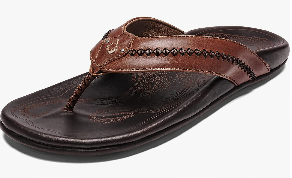 OLUKAI Mea Ola Men's Beach Sandals Tan Dark/Java Premium Leather Flip-Flop - AllSportsWearUSA