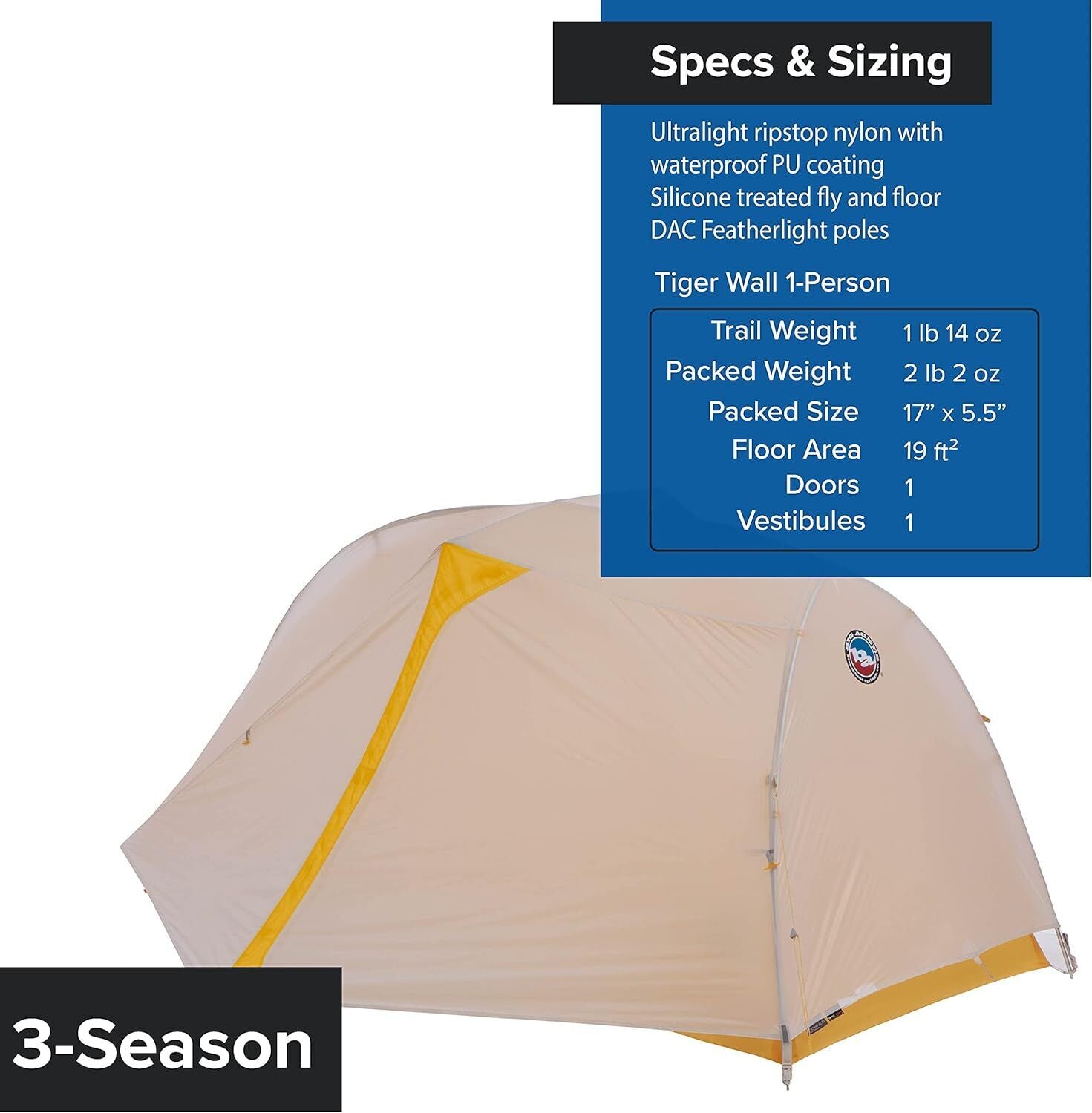 Big Agnes Tiger Wall Yellow UL w/ UV Resistant Solution Dyed Fabric Tent New - AllSportsWearUSA