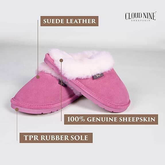 Cloud Nine Sheepskin Ladies Scuff Slip-On Slippers CNS-100-PINK BRAND NEW - AllSportsWearUSA