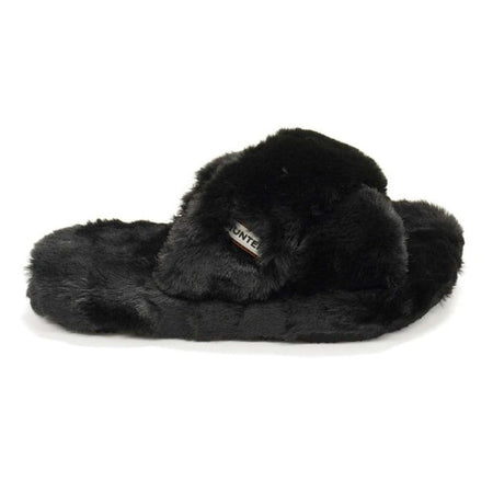 Hunter Faux Fur Flatform Crossover Black Womens Slides Slippers WFD4034FFF-BLK