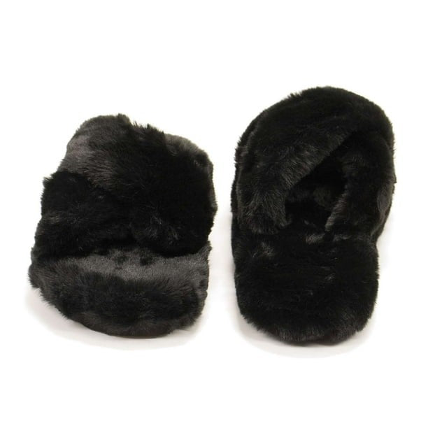 Hunter Faux Fur Flatform Crossover Black Womens Slides Slippers WFD4034FFF-BLK