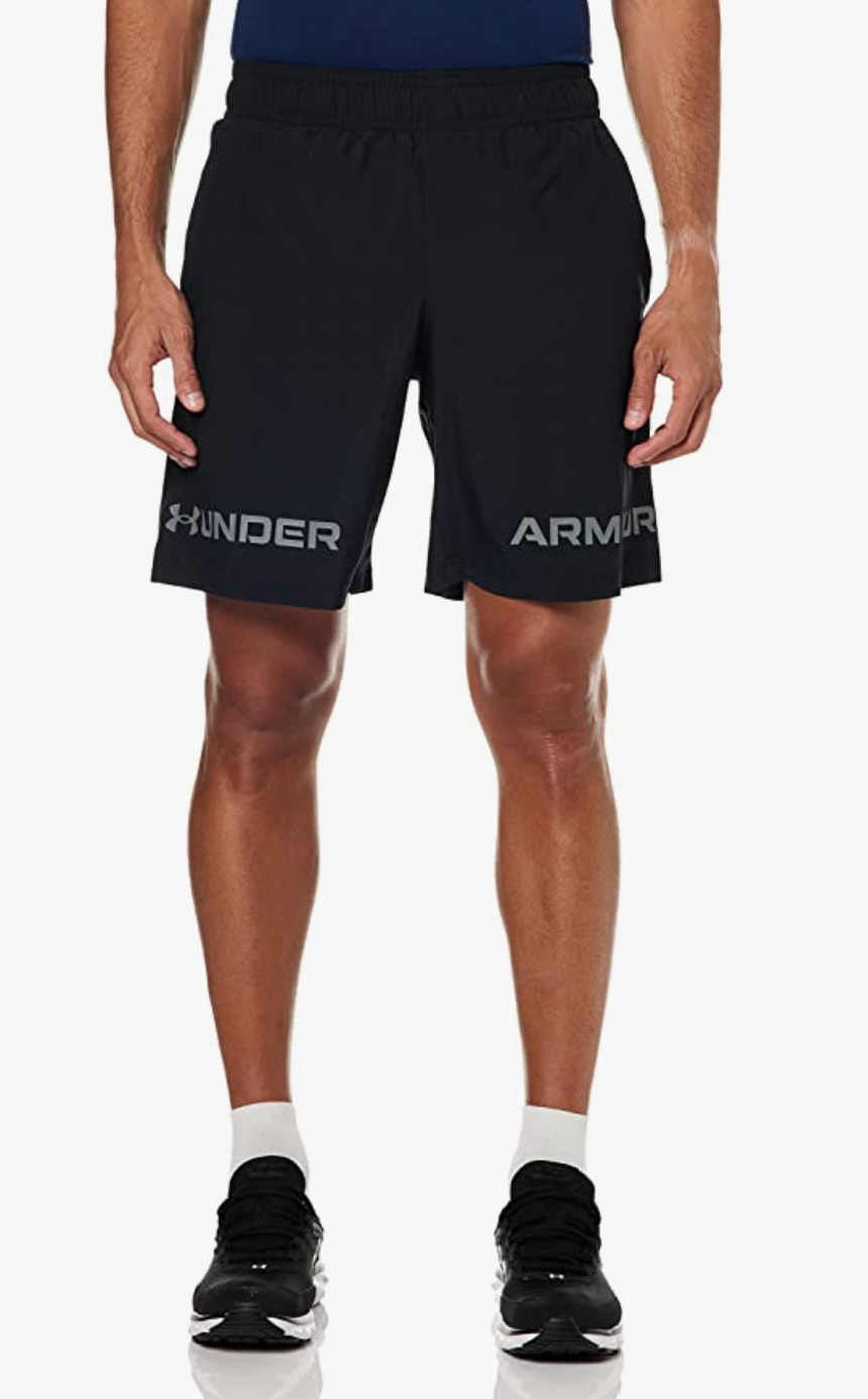 Under Armour Mens Black 001Pitch Gray Woven Graphic Wordmark Shorts - AllSportsWearUSA