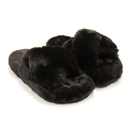 Hunter Faux Fur Flatform Crossover Black Womens Slides Slippers WFD4034FFF-BLK